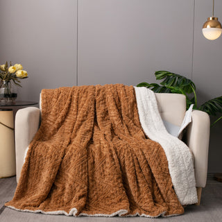 Caramel Brown Faux Fur Throw Blanket Chevron Geometric Embossed