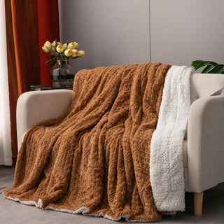 Caramel Brown Faux Fur Throw Blanket Chevron Geometric Embossed