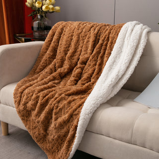 Caramel Brown Faux Fur Throw Blanket Chevron Geometric Embossed