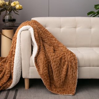 Caramel Brown Faux Fur Throw Blanket Chevron Geometric Embossed