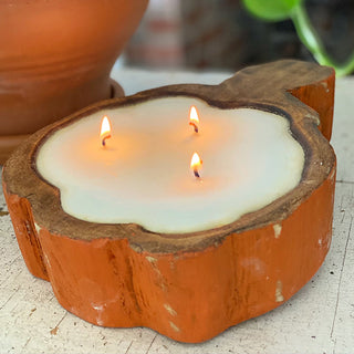 Hand-Carved Wooden Pumpkin Bowl with Candle