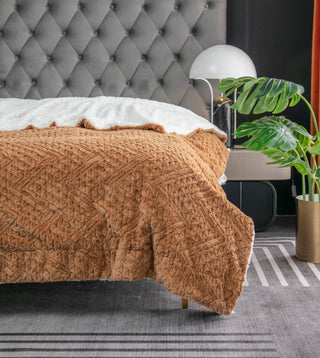 Caramel Brown Faux Fur Throw Blanket Chevron Geometric Embossed