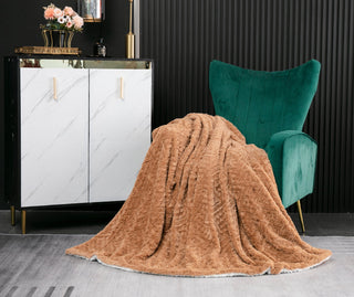 Caramel Brown Faux Fur Throw Blanket Chevron Geometric Embossed