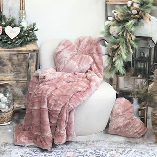 Handmade Faux Fur Pink White Heart Shape Throw Pillow