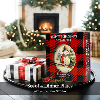 Decor Steals Special -  Holiday Cheer Set of 4 Plates with Real Gold Plaid Trim, Christmas Tableware Collection for Salad, Dessert, Appetizer, and Side Plates (Copy)