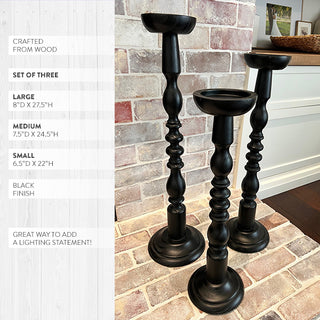 Extra Tall Black Wooden Spindle Candle Holders, Set of 3