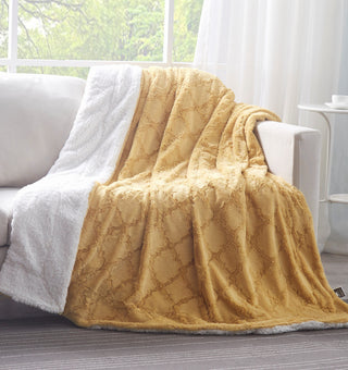 Faux Fur Mustard Yellow Moroccan Lattice Pattern Throw Blanket