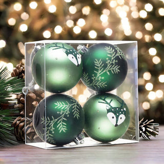 Unique Spruce Leaf and Woodland Deer Patterned Christmas Bauble Ball Set of Four, Glittered Light and Dark Green Ornaments