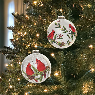 Glass Painted Snow Cardinal Ornaments, Set of 2