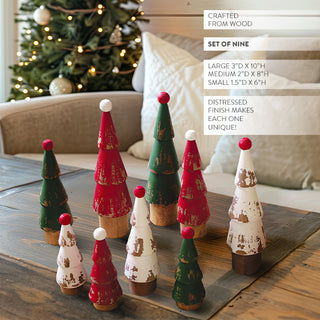 Wooden Painted Christmas Trees, Set of 9