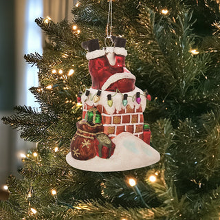 Glass Santa Stuck In Chimney Ornament