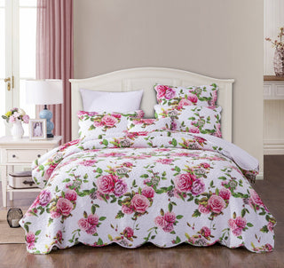 Romantic Roses Lovely Spring Pink Floral Quilted Scalloped Bedspread Set