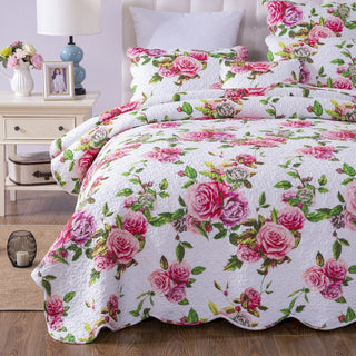 Romantic Roses Lovely Spring Pink Floral Quilted Scalloped Bedspread Set