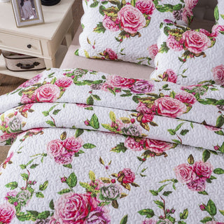 Romantic Roses Lovely Spring Pink Floral Quilted Scalloped Bedspread Set