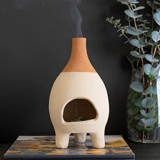 Handmade Ivory-Dipped Clay Chiminea Incense Burner