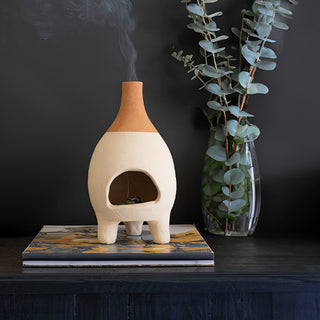 Handmade Ivory-Dipped Clay Chiminea Incense Burner