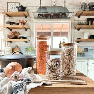 Kitchen Bamboo and Glass Canisters with Lids, Set of 3