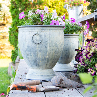 Rustic Metal Outdoor Planter Urns, Set of Three