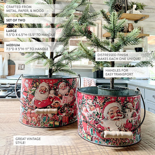 Vintage Inspired Santa Patterned Buckets, Set of 2