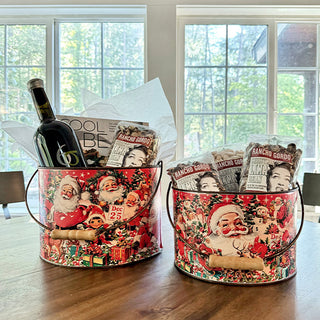 Vintage Inspired Santa Patterned Buckets, Set of 2