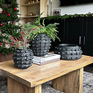 Handcrafted Textured Outdoor Matte Black Planters, Set of 3