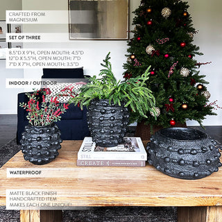 Handcrafted Textured Outdoor Matte Black Planters, Set of 3