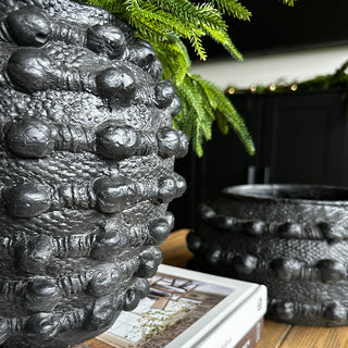 Handcrafted Textured Outdoor Matte Black Planters, Set of 3