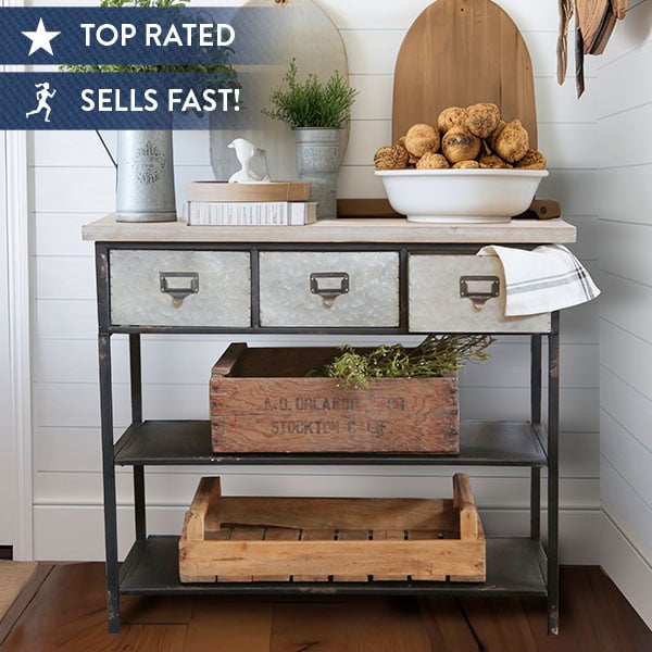 Galvanized console store table with drawers