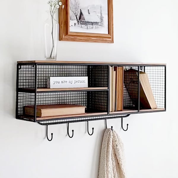 Wood And Metal Wire Cubby Wall Shelf With Hooks