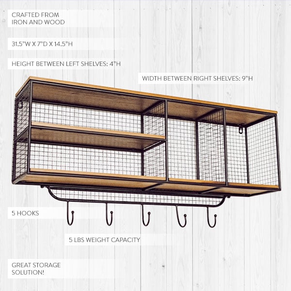 Wood And Metal Wire Cubby Wall Shelf With Hooks