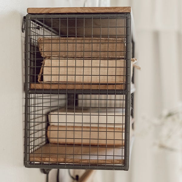 Wood And Metal Wire Cubby Wall Shelf With Hooks