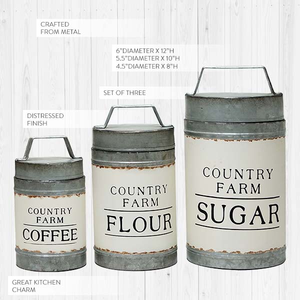 Distressed Metal Flour & Sugar Canister Set Rustic Kitchen