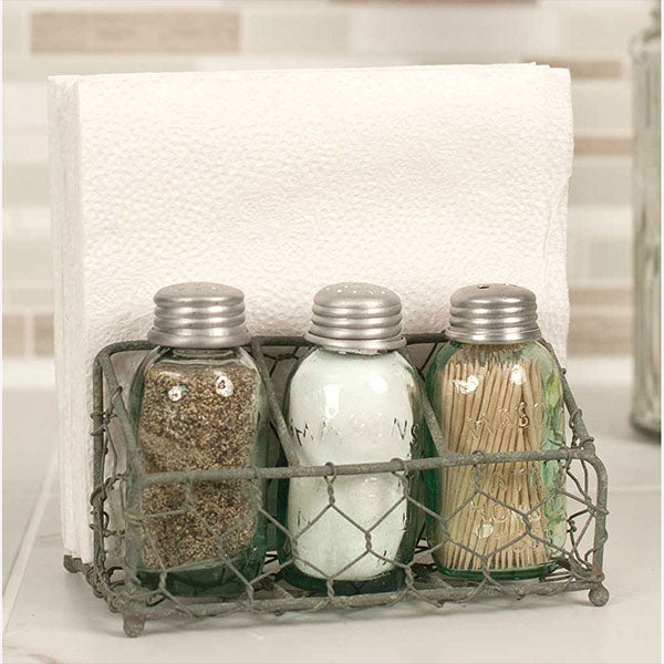 Rustic Wood Napkin Holder with 3 Salt and Pepper Shaker Set