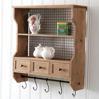 Wood Organizer Shelf with Drawers and Hooks