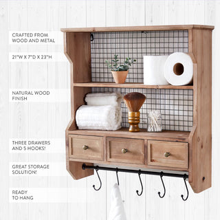 Wood Organizer Shelf with Drawers and Hooks