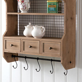 Wood Organizer Shelf with Drawers and Hooks