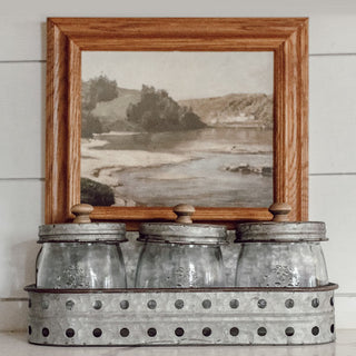 Three Glass Canisters with Storage Bin