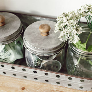 Three Glass Canisters with Storage Bin