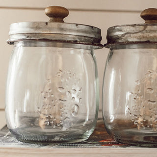 Three Glass Canisters with Storage Bin