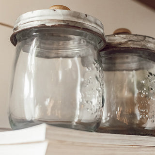 Three Glass Canisters with Storage Bin