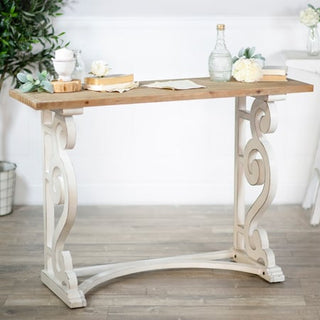 Whitewashed Scroll Detail Wooden Console Table