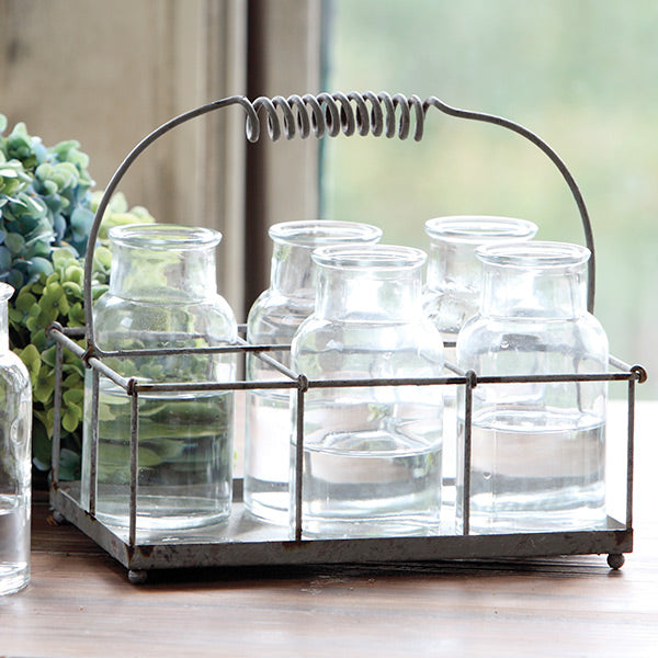 Vintage Milk Bottles with Carrier